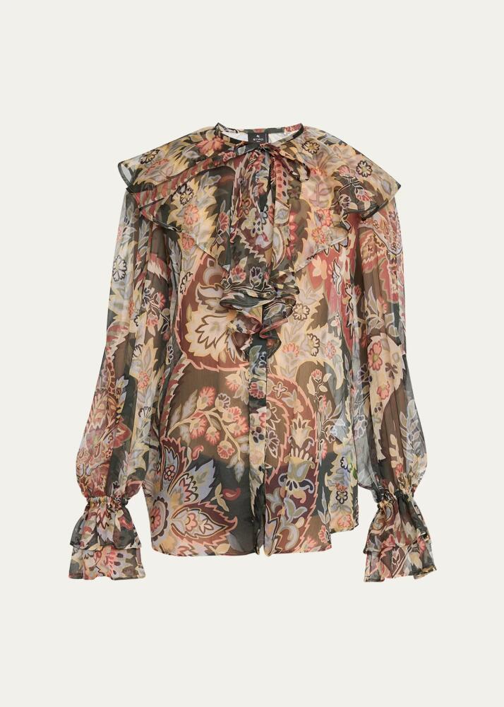 Etro Printed Ruffle Button Down Silk Blouse Cover