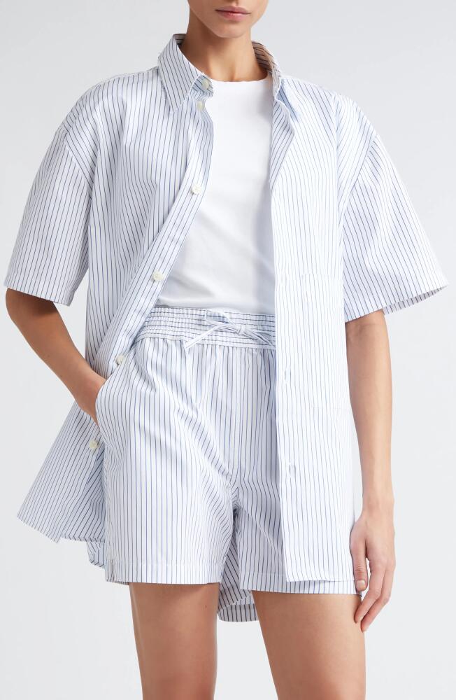 Róhe Stripe Short Sleeve Cotton Shirt in White Blue Stripe Cover