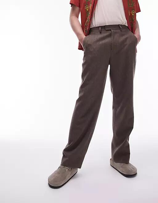 Topman brown herringbone wide leg pants in brown Cover