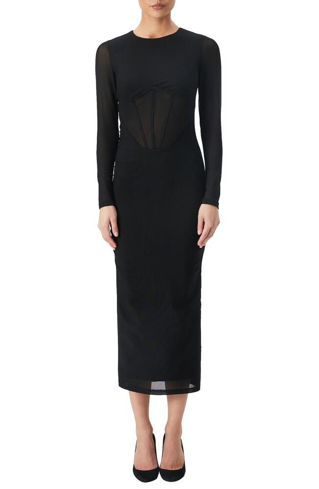 Bardot Sensei Corset Long Sleeve Mesh Cocktail Midi Dress in Black Cover