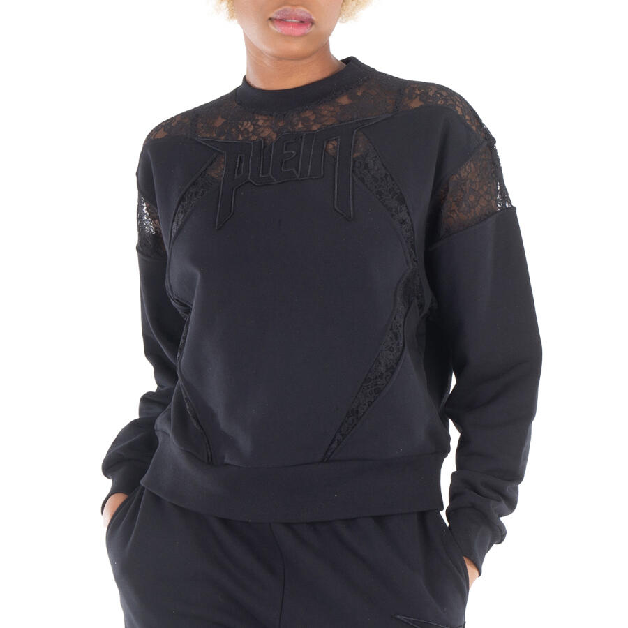 Philipp Plein Black Long-Sleeve Lace Detail Sweatshirt Cover