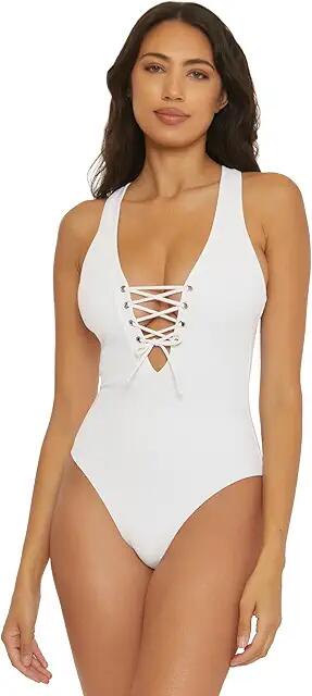 BECCA Modern Edge Gia Lace-Up Plunge One-Piece (White) Women's Swimsuits One Piece Cover