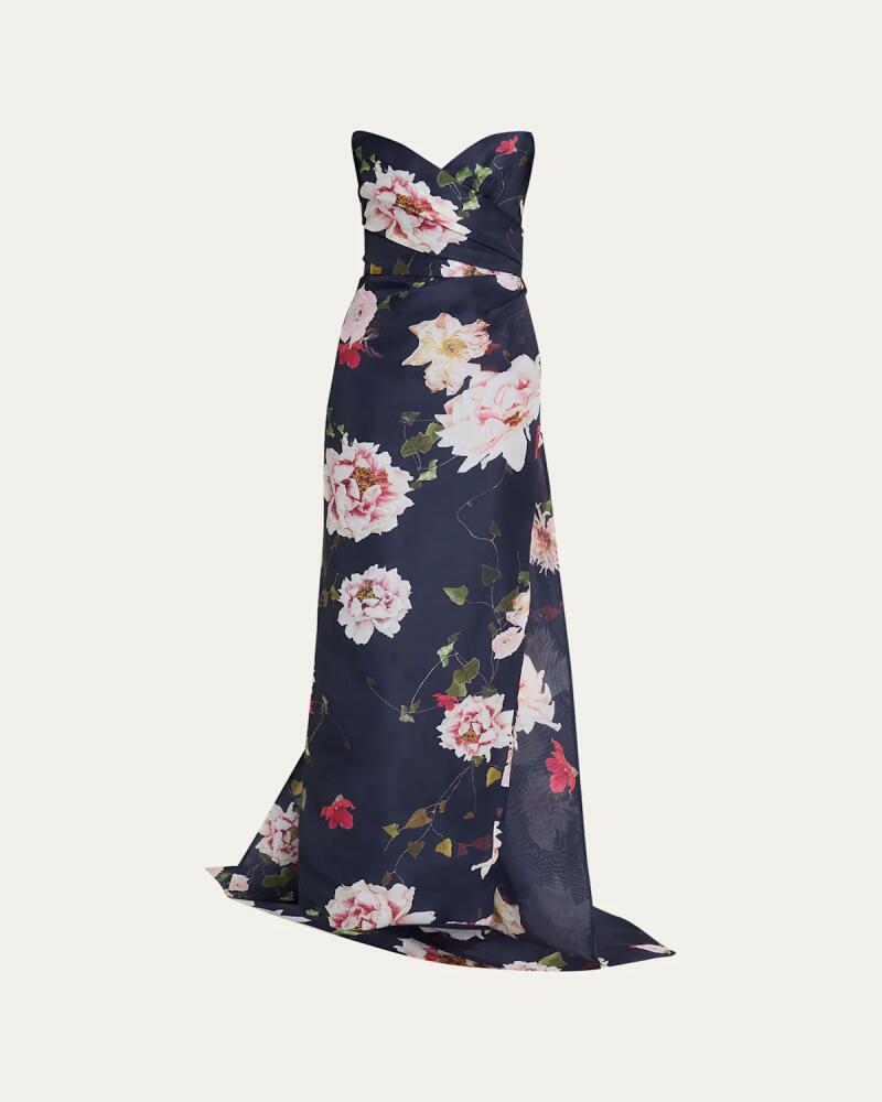 Monique Lhuillier Strapless Floral Gazar Gown with Train Cover