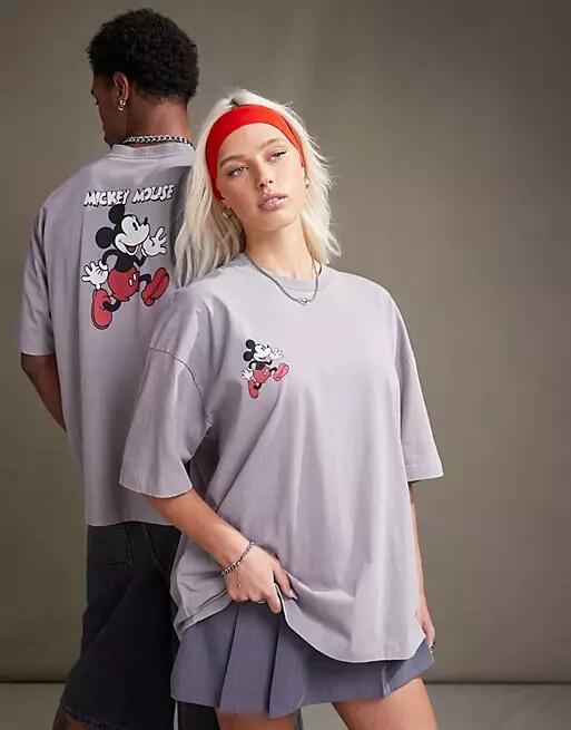 ASOS DESIGN Disney unisex oversized t-shirt with Mickey Mouse prints in washed brown-Gray Cover