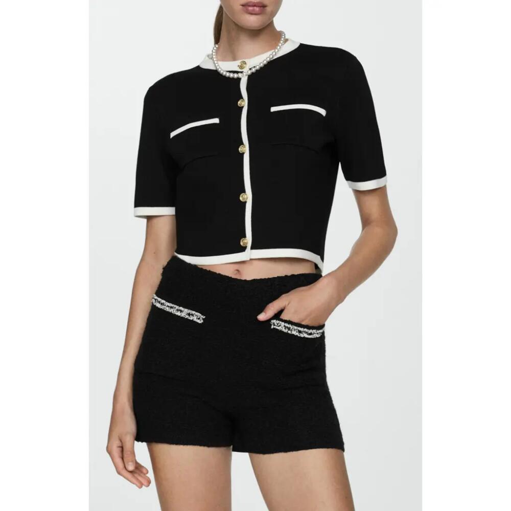 MANGO Contrast Trim Short Sleeve Cardigan in Black Cover