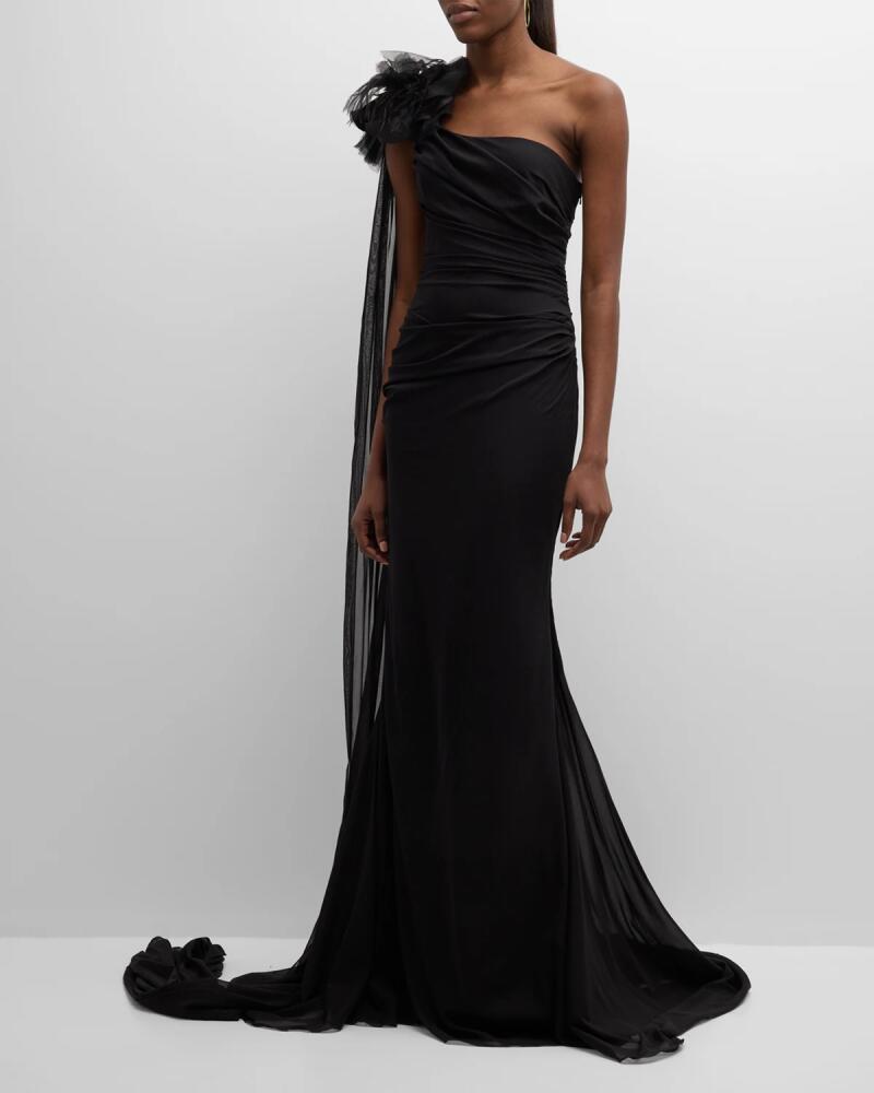 Pamella Roland Chiffon Draped One-Shoulder Gown with Floral Detail Cover