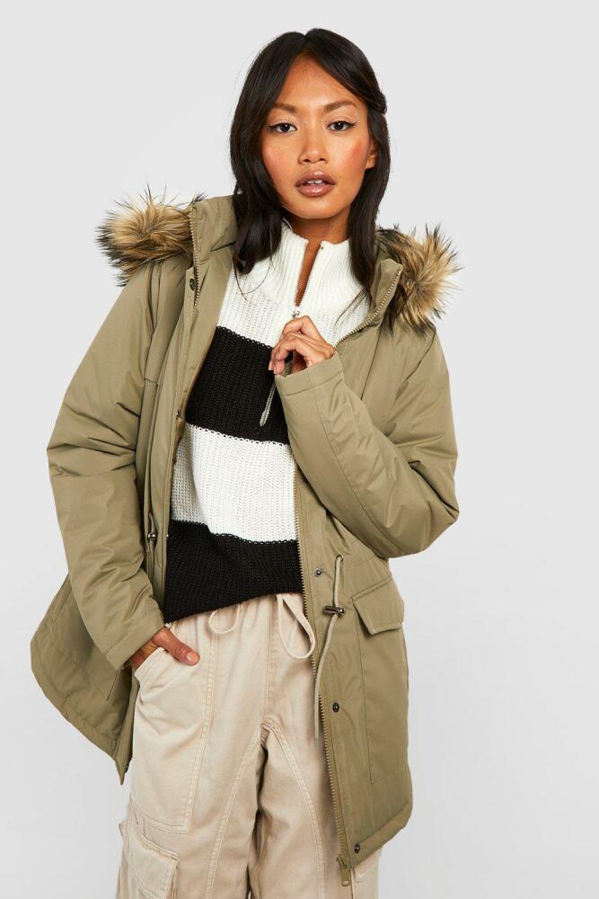 boohoo Womens Faux Fur Hood Synched Waist Parka - Green Cover