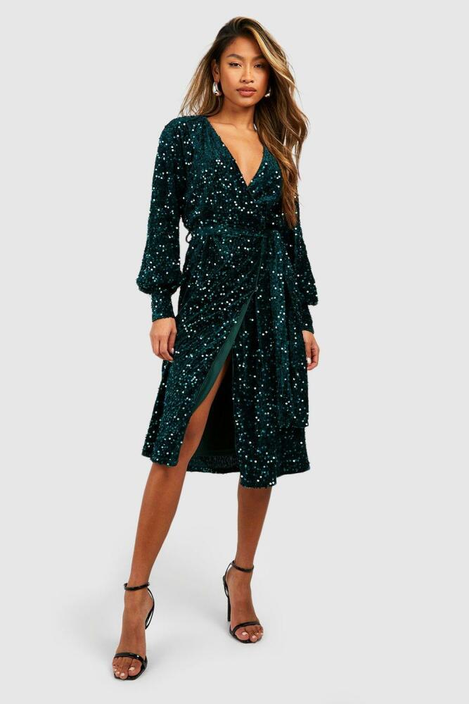 boohoo Womens Sequin Long Sleeve Tie Waist Midi Party Dress - Green Cover