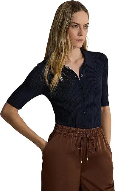 Lauren Ralph Lauren Rib-Knit Elbow-Sleeve Polo Cardigan (Lauren Navy) Women's Sweater Cover