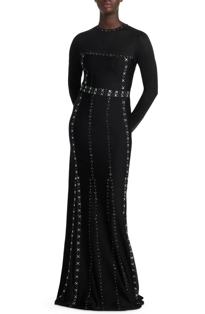 St. John Evening Rhinestone Studded Long Sleeve Knit Gown in Black Cover