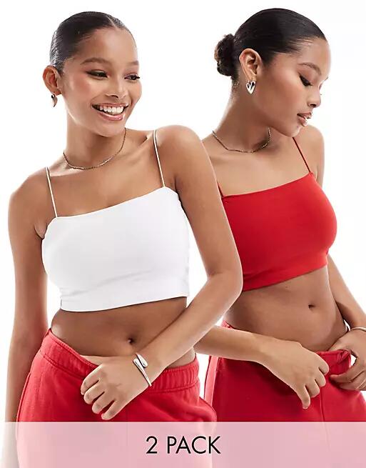 Pull & Bear 2 pack strappy tube crop top in white and red Cover