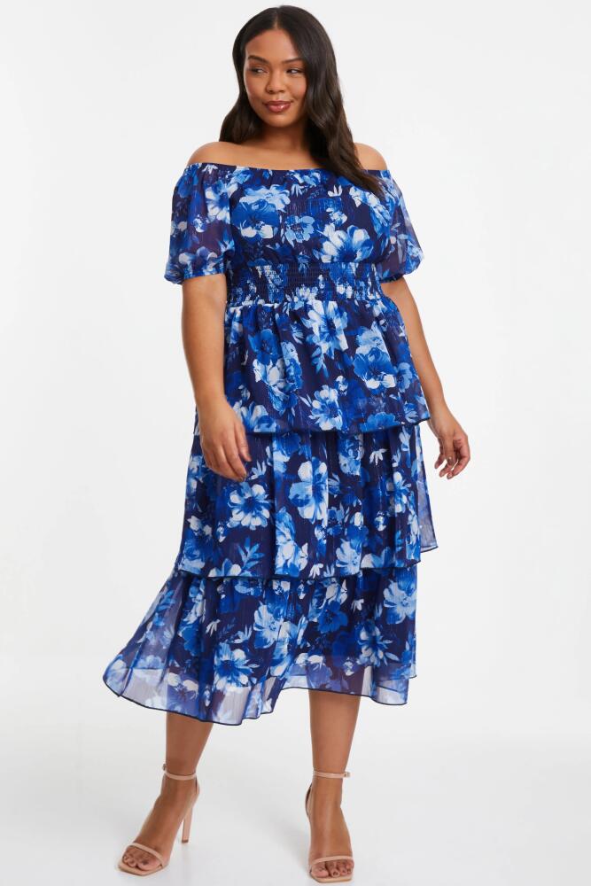 QUIZ Chiffon Floral Bardot Tiered Midi Dress in Blue Cover