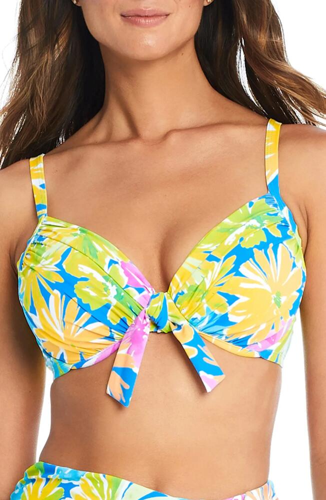 Rod Beattie Spring it On Tie Front D-Cup Underwire Bikini Top in Blue/Floral Multi Cover