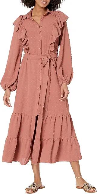 LITTLE MISTRESS Coral Rose Dobby Spot Midi Shirt Dress (Coral Rose) Women's Dress Cover