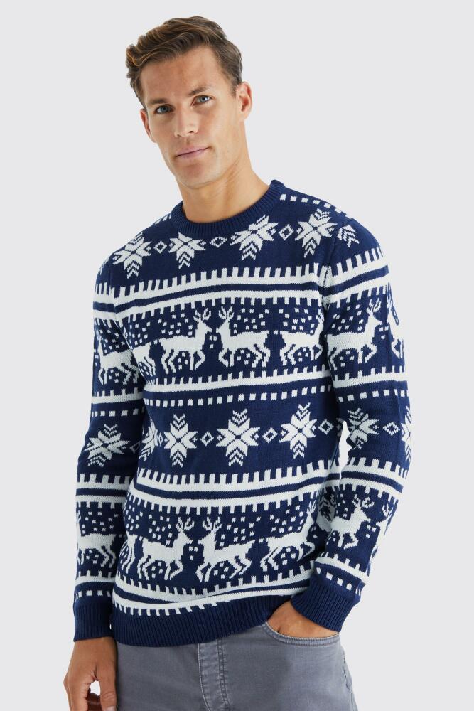 boohoo Mens Tall Reindeer Fairisle Christmas Sweater - Navy Cover