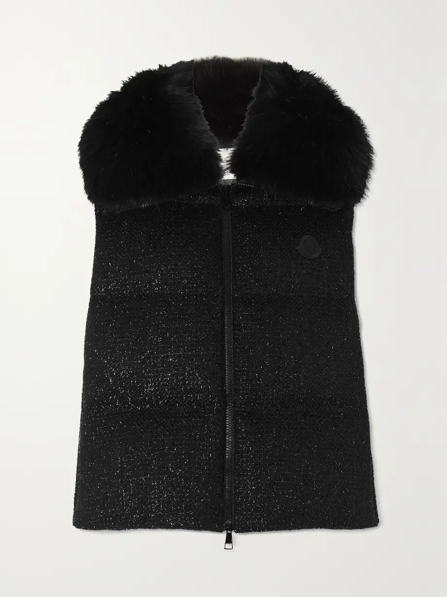 Moncler - Carrelet Faux Fur-trimmed Quilted Metallic Wool-blend Tweed Down Vest - Black Cover