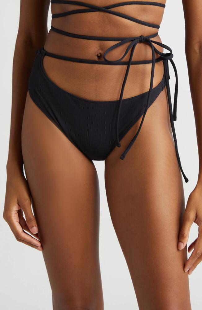 K. NGSLEY Naomi Asymmetric Tie Waist Bikini Bottoms in Black Cover