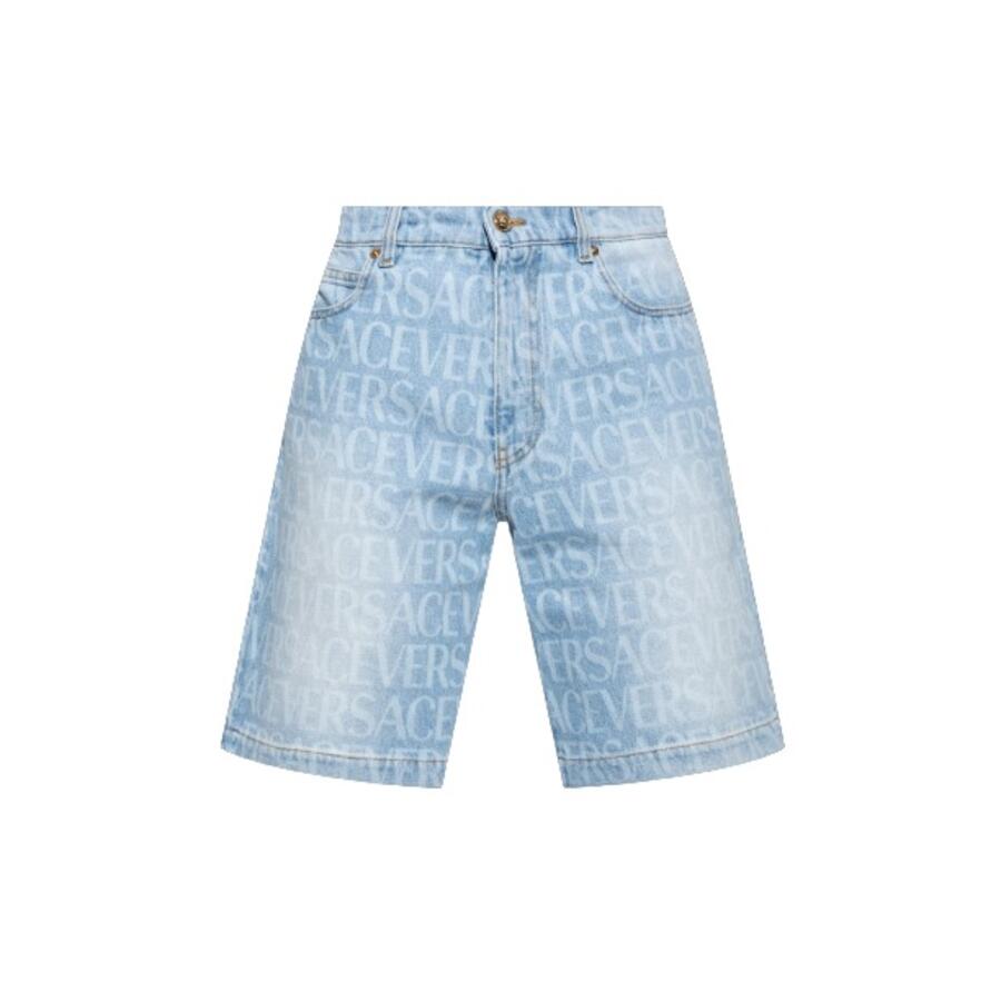 Versace Mens Light Blue Allover Denim Shorts Cover