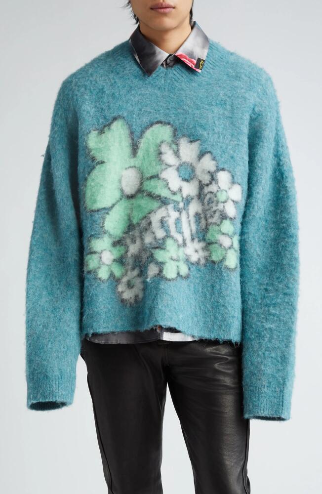 Martine Rose Gender Inclusive Floral Intarsia Boxy Sweater in Petrol/Festival Floral Cover