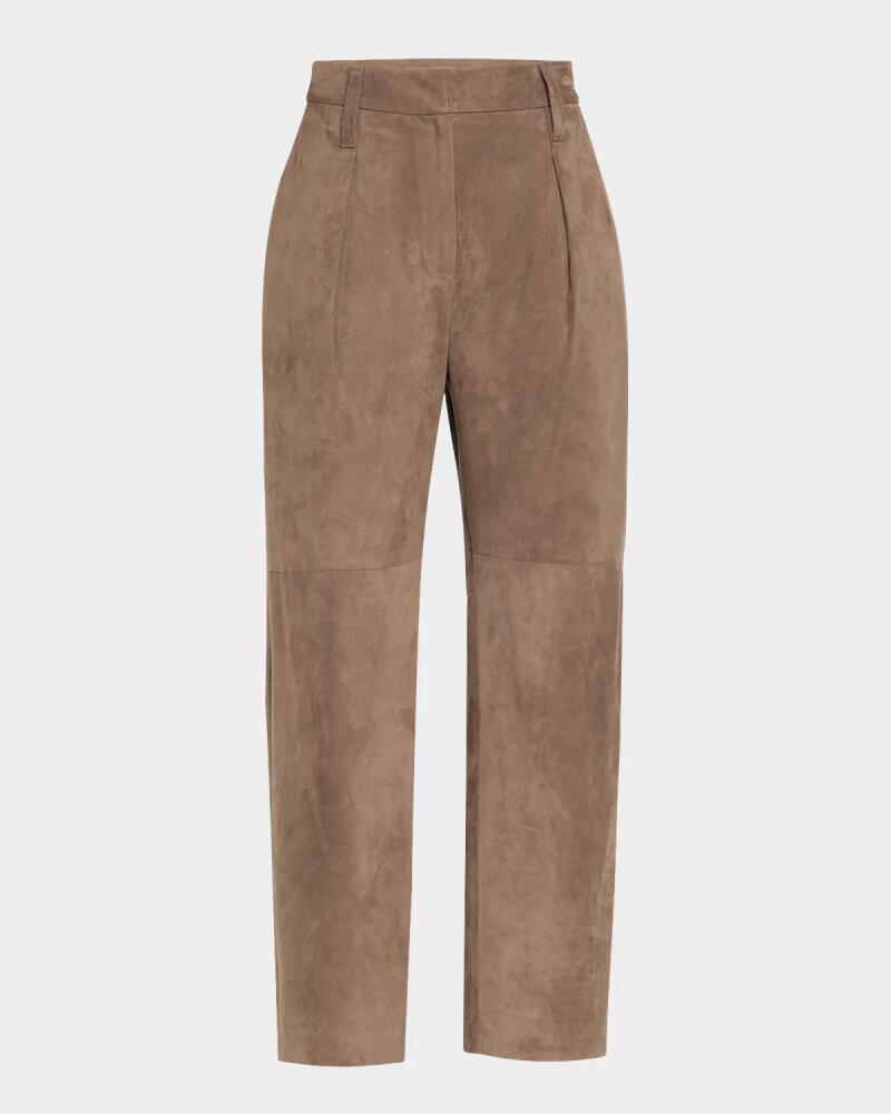 Brunello Cucinelli Pleated Suede Straight-Leg Ankle Trousers Cover