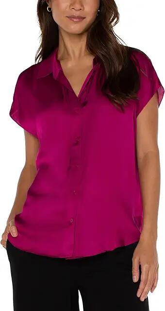 Liverpool Los Angeles Dolman Sleeve Satin Blouse with Collar Button Front (Fuchsia Kiss) Women's Clothing Cover