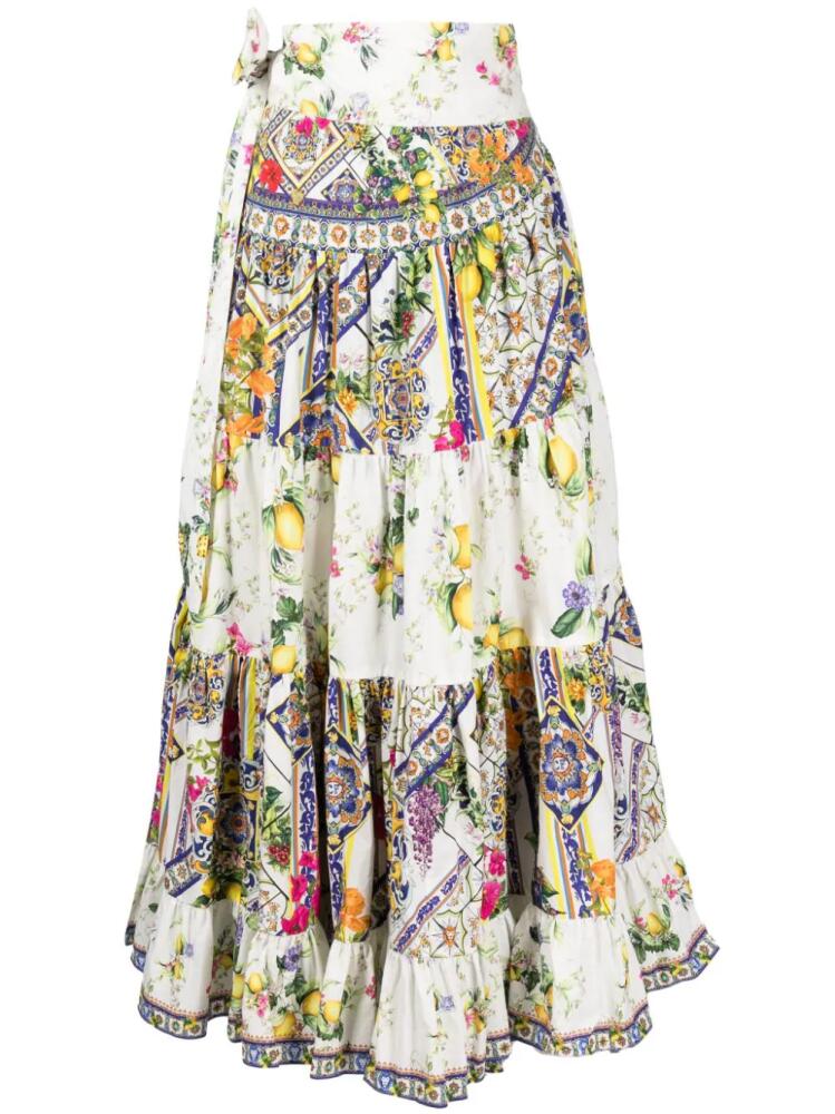 Camilla graphic-print wrap A-line skirt - White Cover