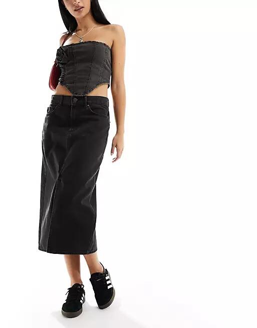 ONLY denim midi skirt with front split in washed black Cover