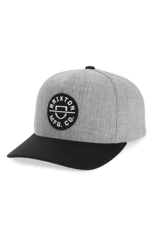 Brixton Crest Snapback Baseball Cap in Heather Grey/Black Cover