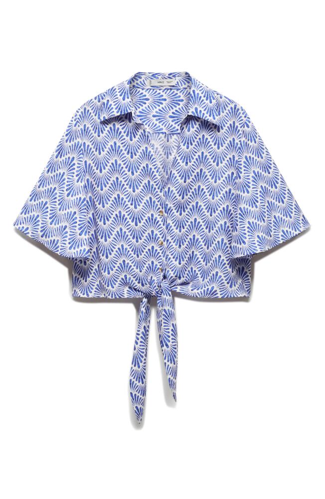 MANGO Print Tie Hem Crop Shirt in Blue Cover