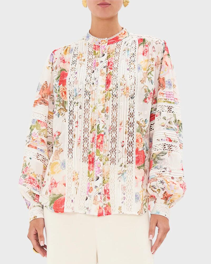 Camilla Lace-Trim Floral Cotton Blouson-Sleeve Blouse Cover