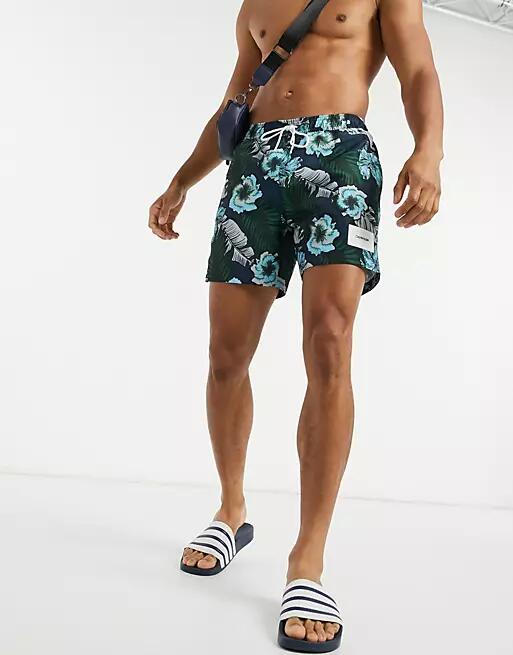 Calvin Klein medium length swim short in tropical print-Black Cover