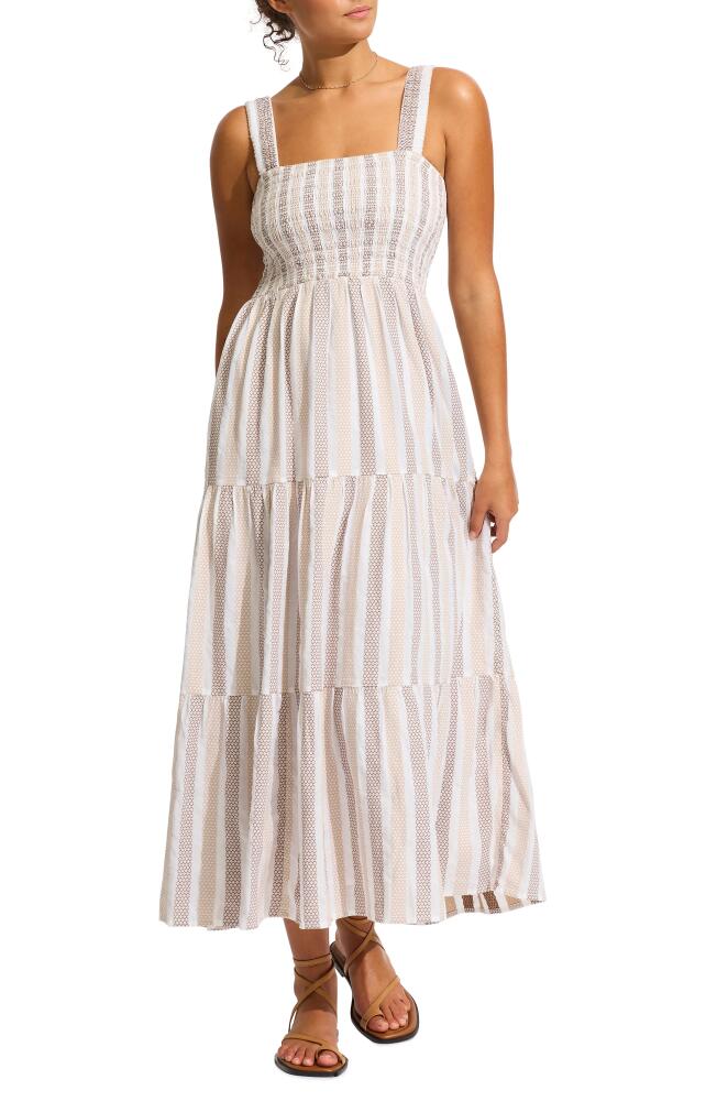 Seafolly Beach Edit Embroidered Tiered Smocked Cotton Cover-Up Maxi Dress in Natural Cover