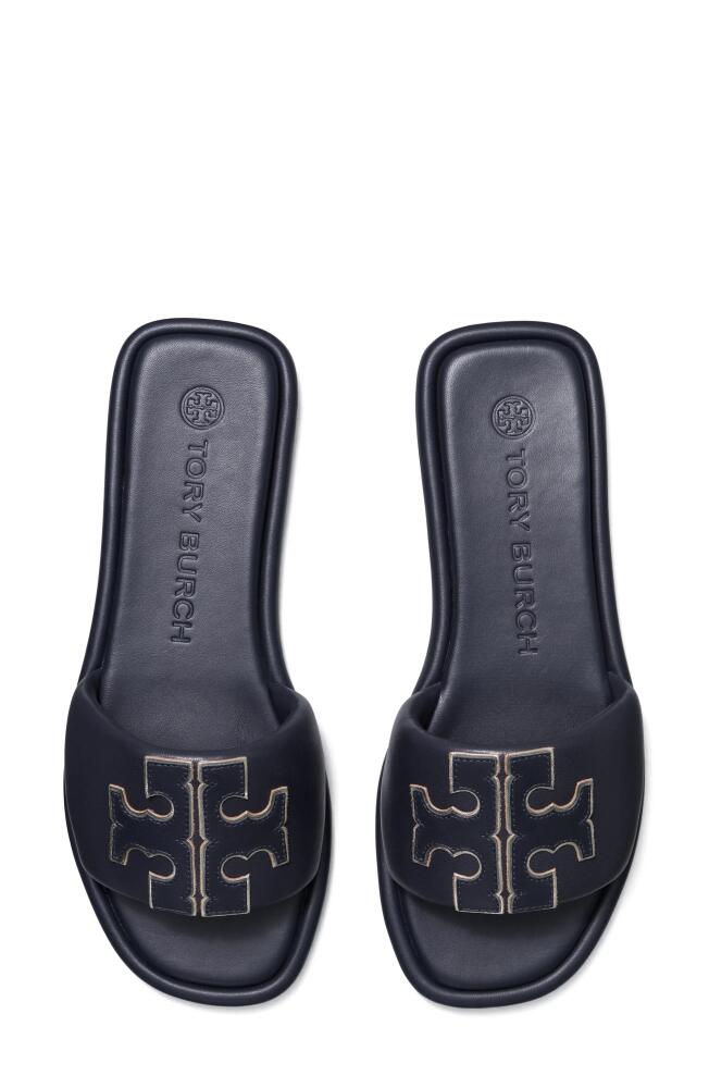 Tory Burch Double-T Leather Sport Slide Sandal in Perfect Navy /Pewter Cover