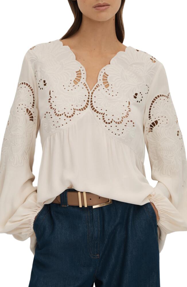 Reiss Noa Embroidered Eyelet Blouson Sleeve Top in Cream Cover