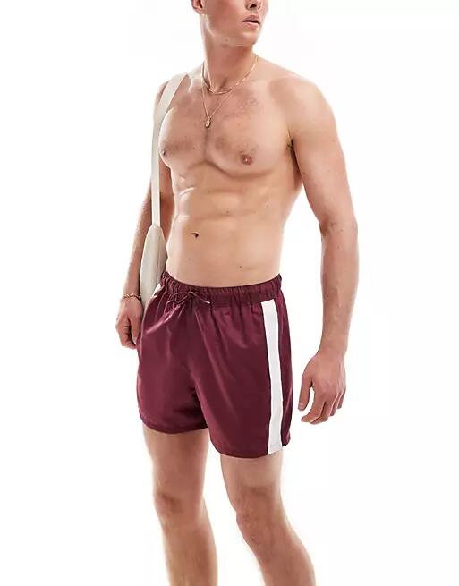 ASOS DESIGN short length swim shorts with contrast side panels in burgundy-Red Cover