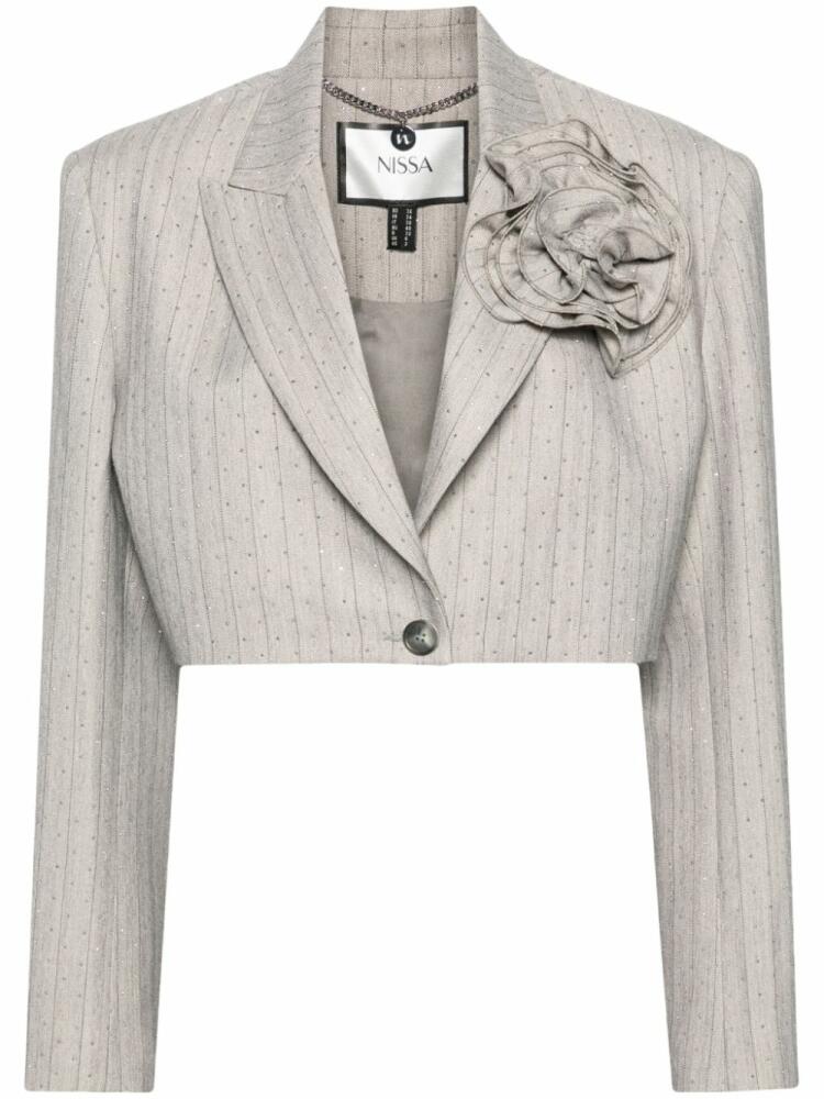 NISSA rose-appliqué rhinestoned cropped blazer - Grey Cover