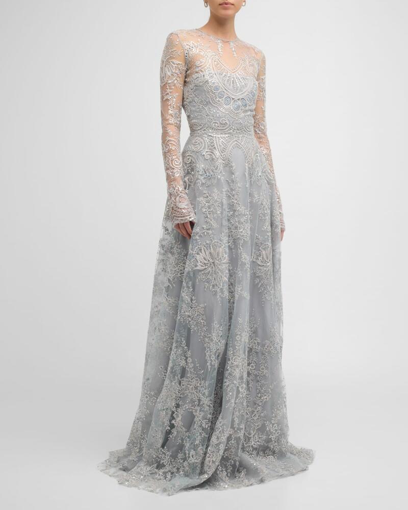 Naeem Khan Tattoo Lace Gown with Sheer Overlay Cover