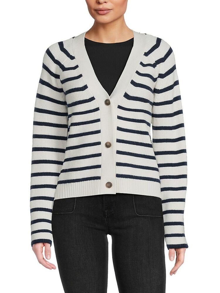 Bobeau Women's V Neck Stripe Cardigan - White Navy Cover