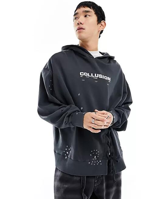 COLLUSION distressed hoodie in washed black with tie detail Cover