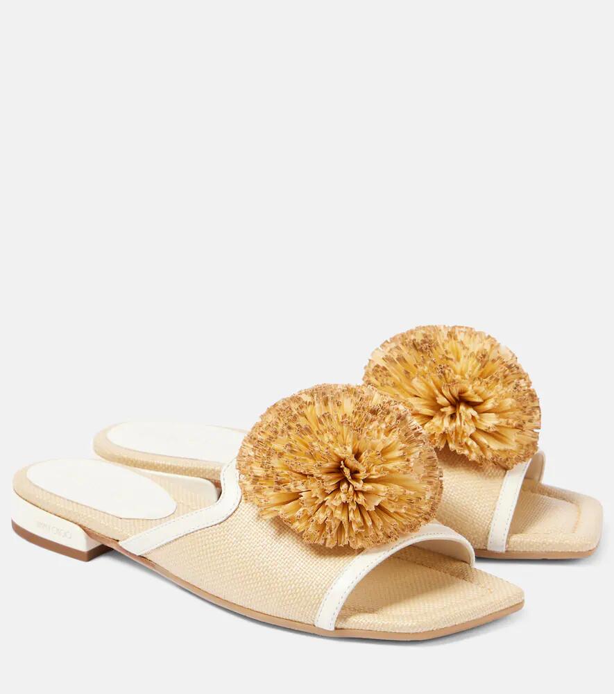 Jimmy Choo Nako leather-trimmed raffia slides Cover