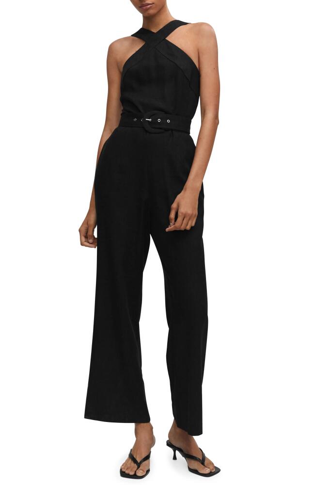 MANGO Belted Halter Neck Jumpsuit in Black Cover