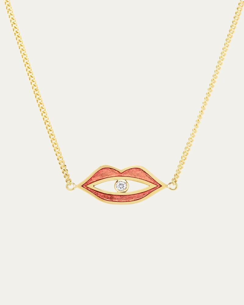 Audrey C. Jewels 18K Yellow Gold Red Guilloche Enamel and Diamond Lips Necklace Cover