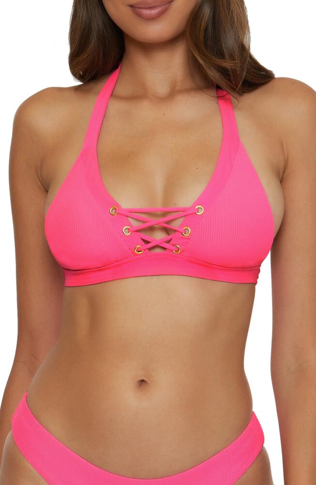 Becca Modern Edge Ribbed Lace-Up Halter Bikini Top in Pink Glow Cover