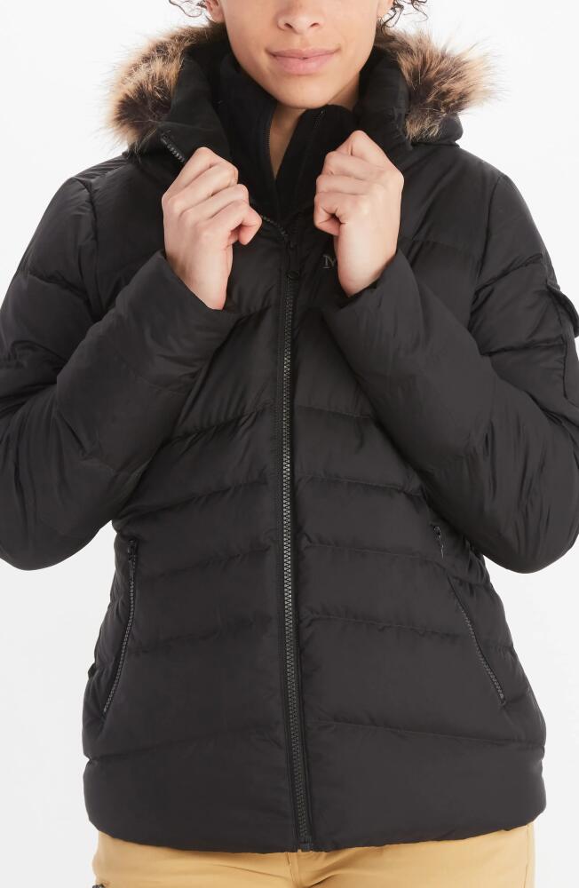 Marmot Ithaca 700 Fill Power Down Hooded Jacket with Faux Fur Trim in Black Cover