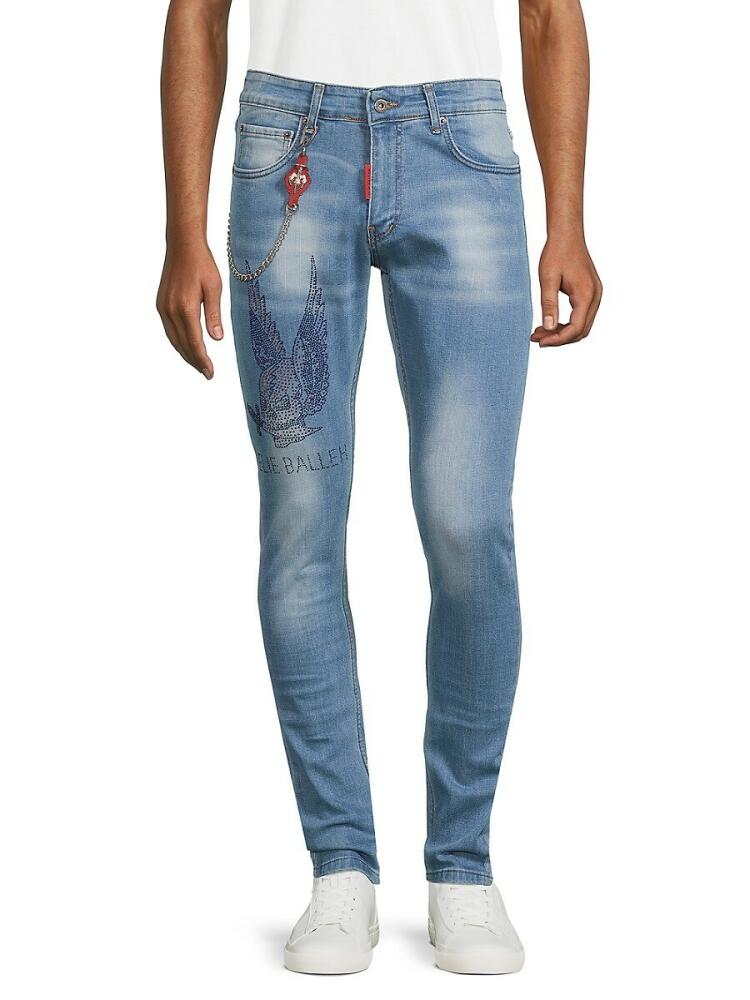 Elie Balleh Men's Rhinestone Skull Slim Fit Jeans - Blue Cover