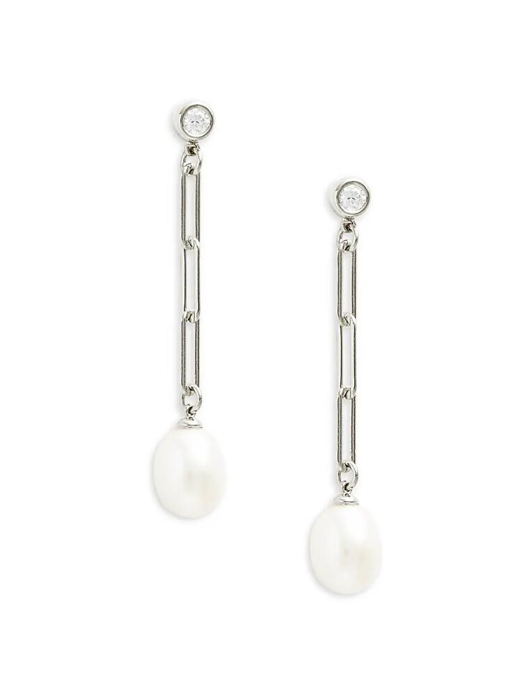 Lafonn Women's Platinum-Plated Sterling Silver, Simulated Diamond & 8MM Cultured Freshwater Pearl Drop Earrings Cover