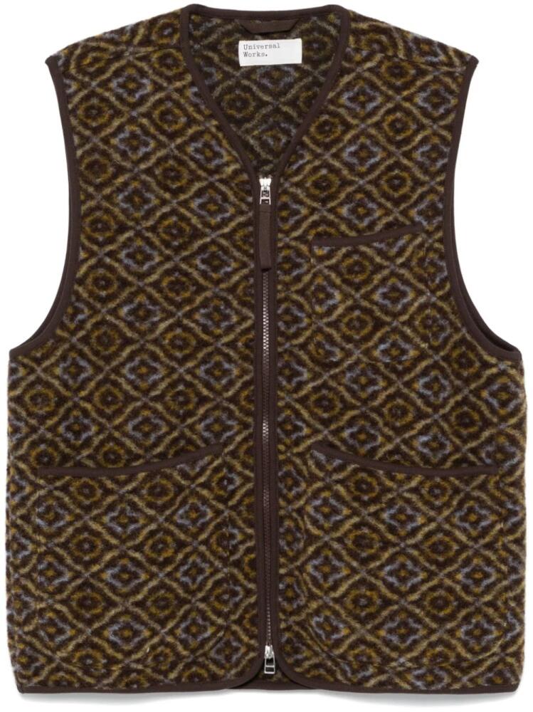 Universal Works geometric-print fleece gilet - Brown Cover