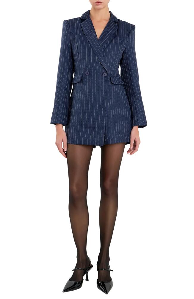 English Factory Pinstripe Long Sleeve Blazer Romper in Navy Cover