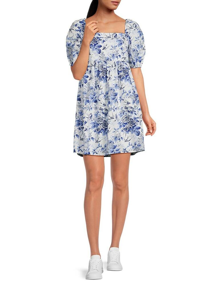 Lea & Viola Women's Floral Squareneck Mini Dress - White Blue Cover