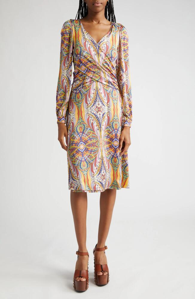 Etro Paisley Print Long Sleeve Knit Faux Wrap Dress in Print On White Base Cover